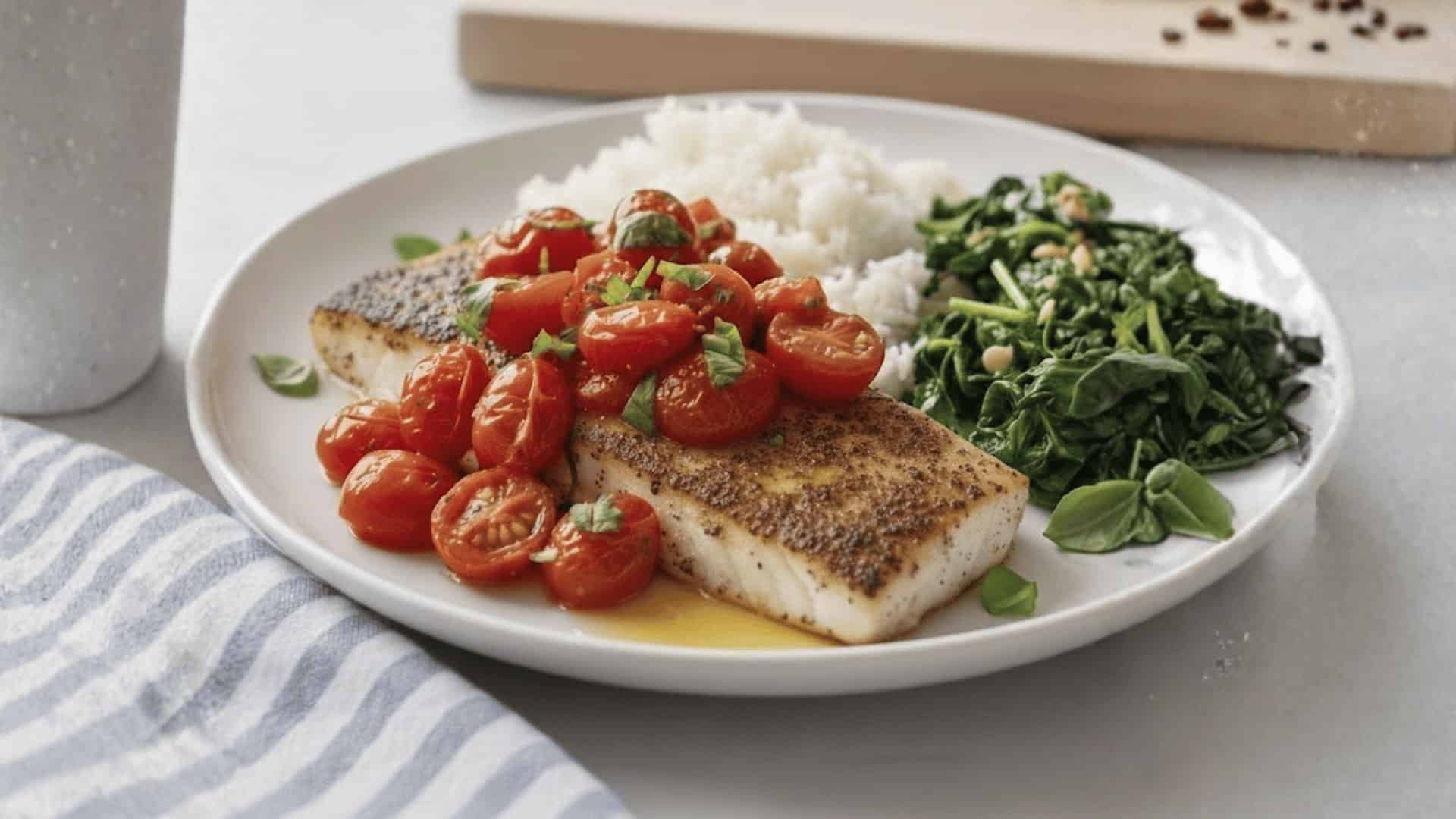 baked cod fillet topped with cherry tomatoes and basil served with white rice and sautéed greens on a white plate