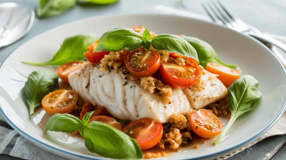 baked cod topped with roasted tomatoes, fresh basil, and a breadcrumb topping on a plate