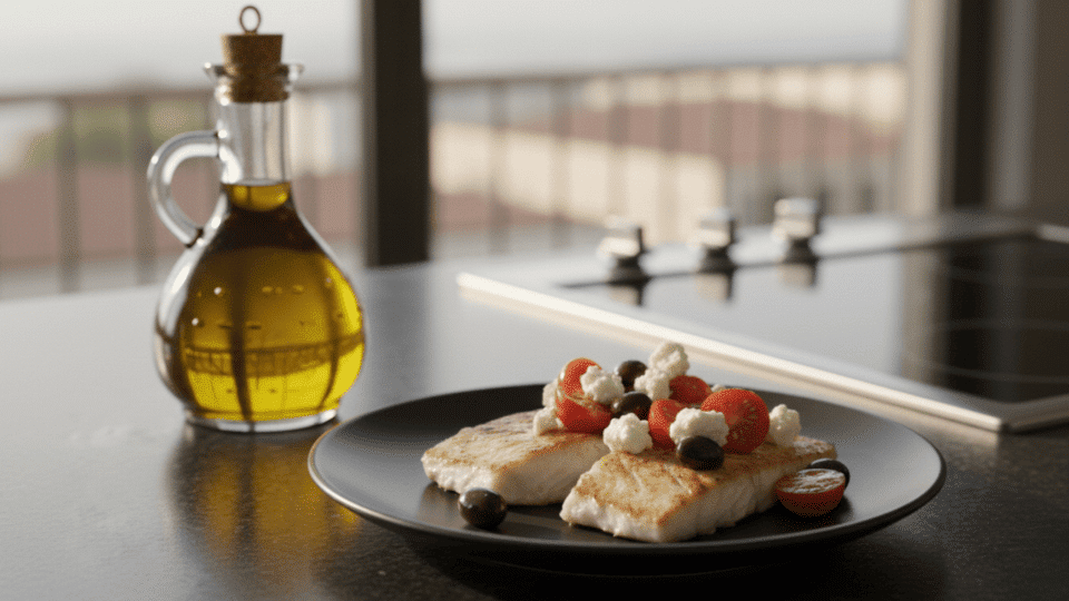 baked fish fillet topped with cherry tomatoes, olives, and crumbled feta on a dark plate beside an olive oil bottle