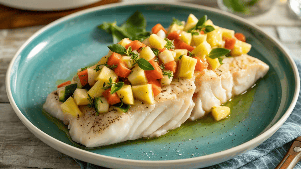 baked fish topped with a fresh mediterranean salsa made of tomatoes, cucumbers, and herbs