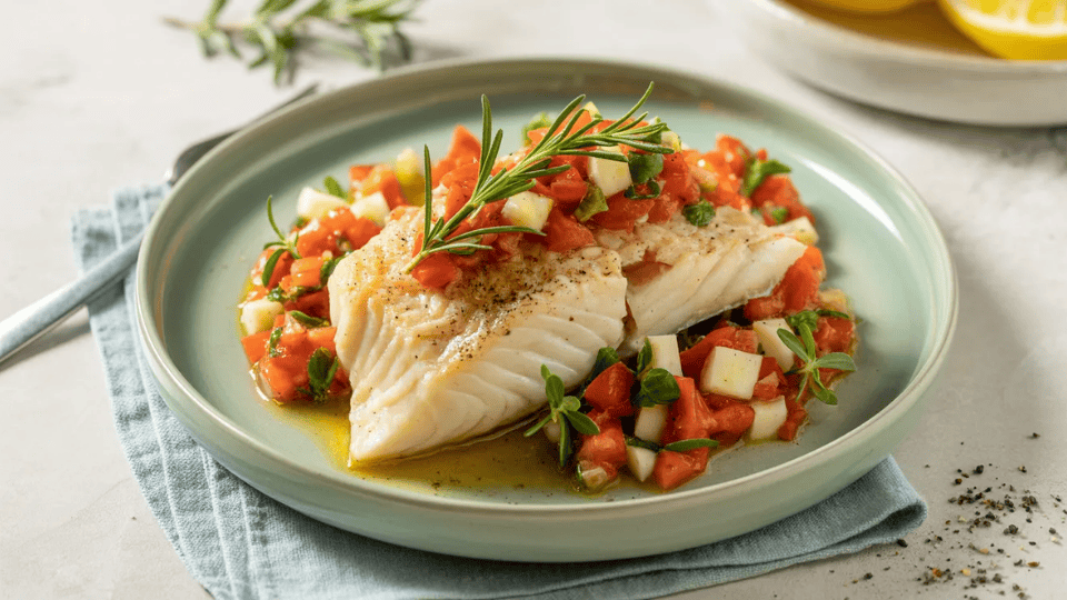 baked fish topped with mediterranean salsa made of tomatoes, cucumbers, and herbs on a plate