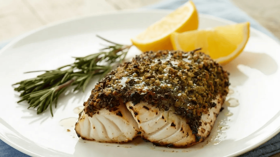 baked halibut with a herb crust, rosemary sprigs, and lemon wedges on a plate