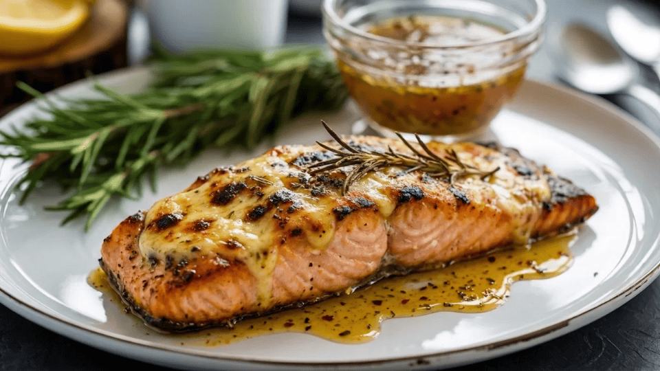 baked salmon with honey mustard glaze, rosemary sprigs, and sauce on a plate with lemon