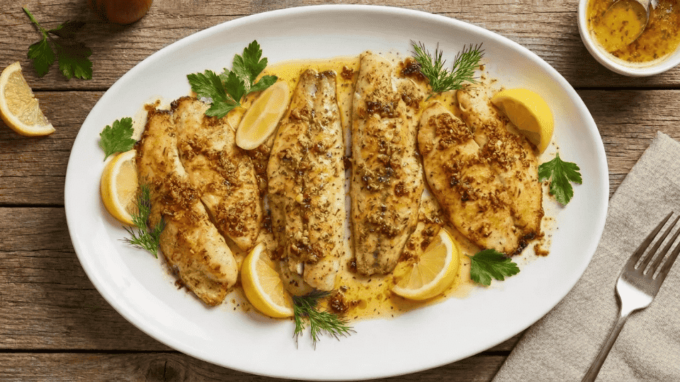 baked tilapia with lemon butter sauce, fresh herbs, and lemon wedges on a plate