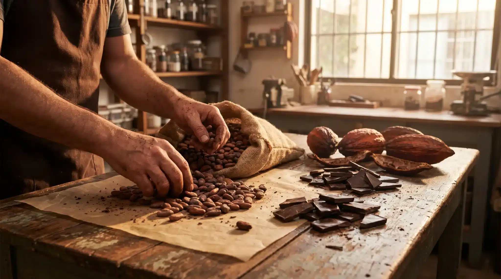 Artisan sorting cocoa beans on wooden table in rustic chocolate workshop