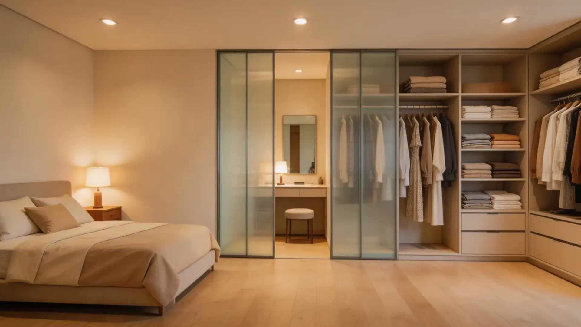bedroom with an integrated walk-in closet using partitions or glass panels, visible closet area with shelves and hanging clothes