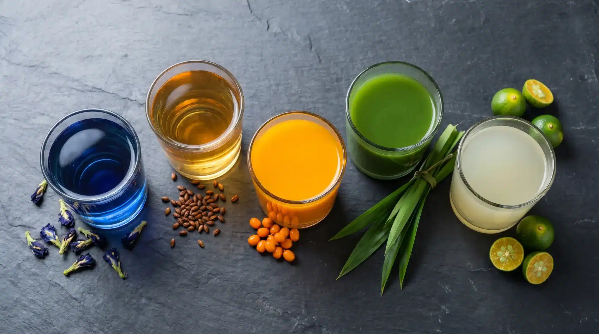 Five colorful drinks in glasses with herbs and seeds on dark slate surface