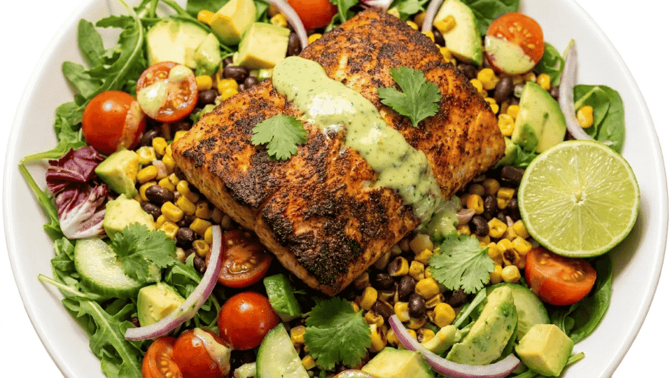 blackened mahi mahi salad with corn, black beans, avocado, cucumber, tomatoes, and cilantro dressing