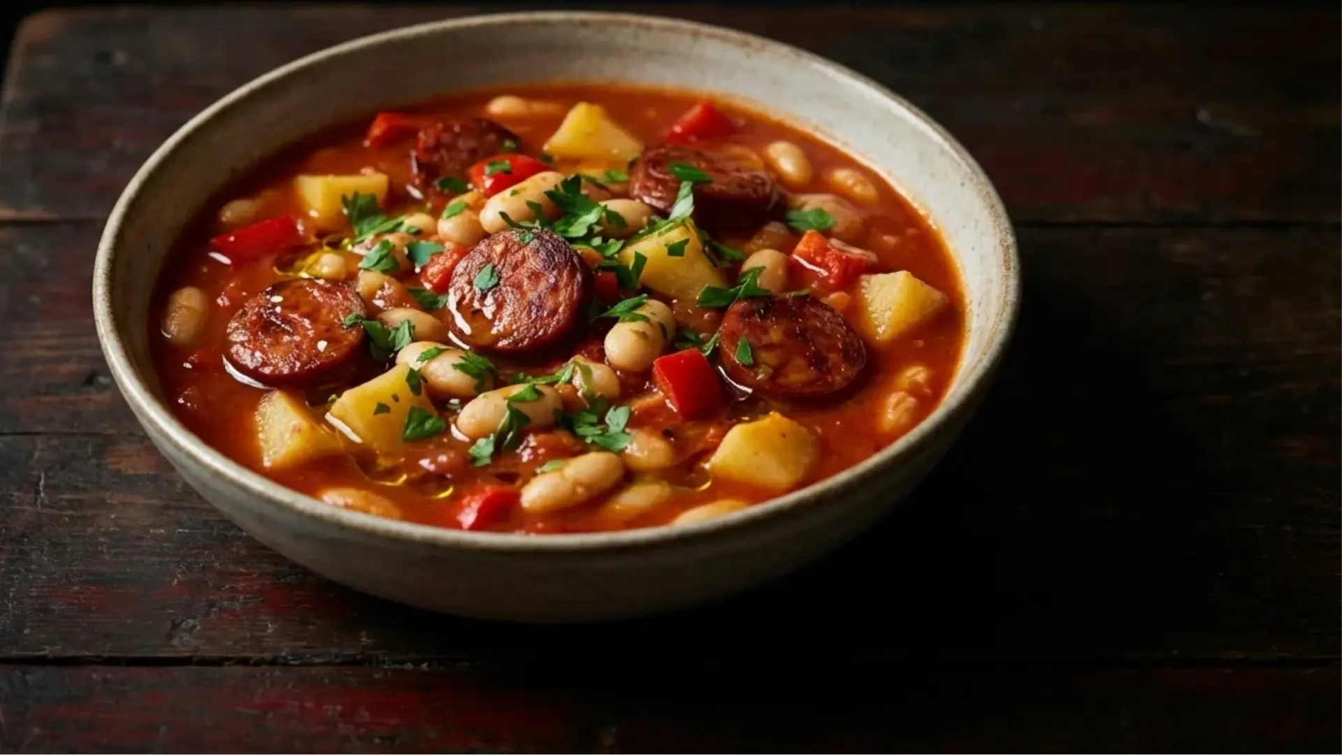 bowl of portuguese bean and chorizo stew with sliced sausage, potatoes, peppers, and fresh parsley on a wooden table
