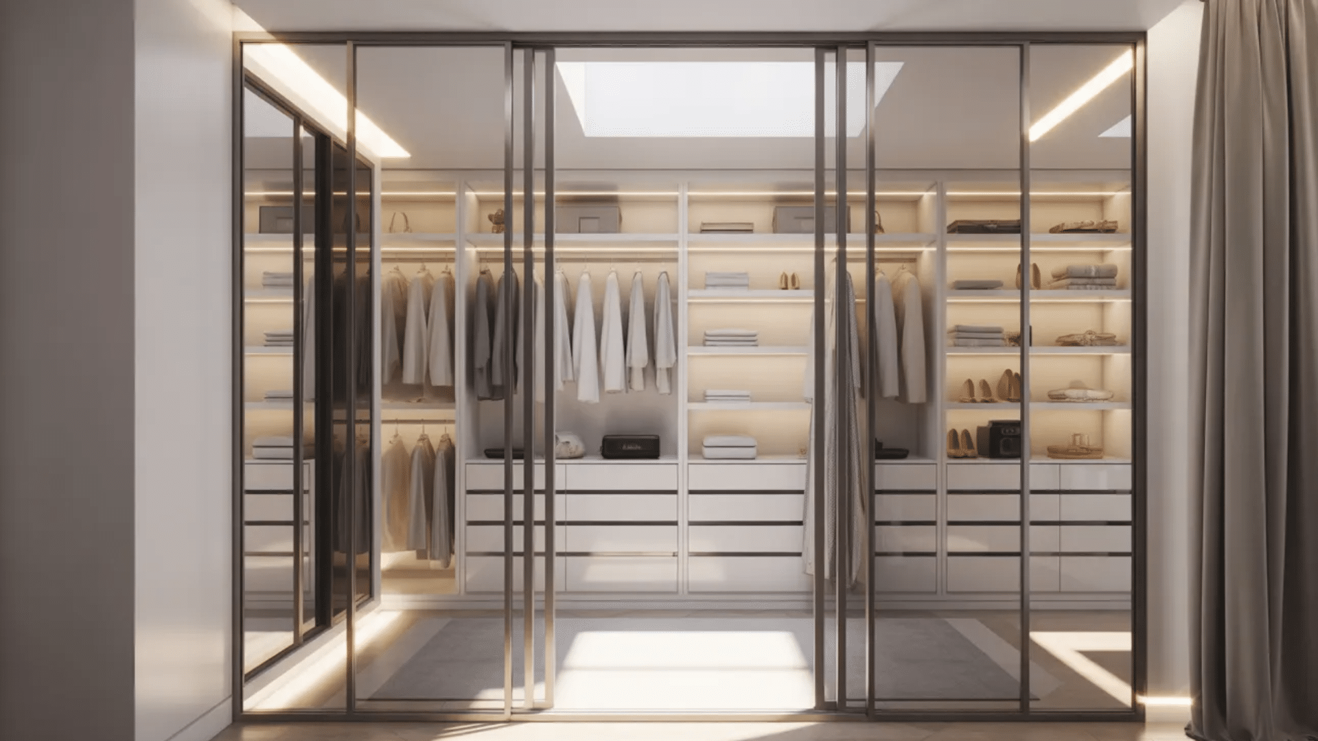bright walk-in closet with large mirror sliding doors. The mirrors should reflect the closet’s interior, enhancing light