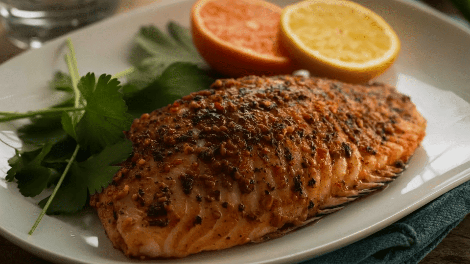 cajun blackened tilapia with lemon wedges and parsley garnish on a plate