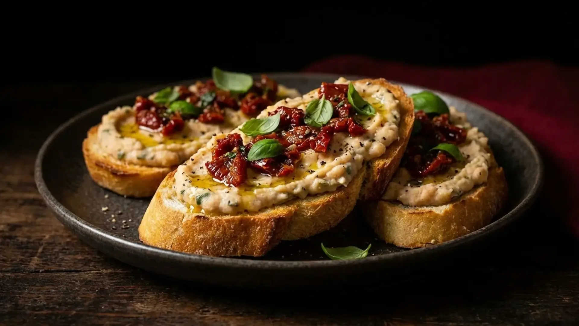 cannellini bean bruschetta topped with sun-dried tomatoes and fresh basil on toasted bread slices over a dark background