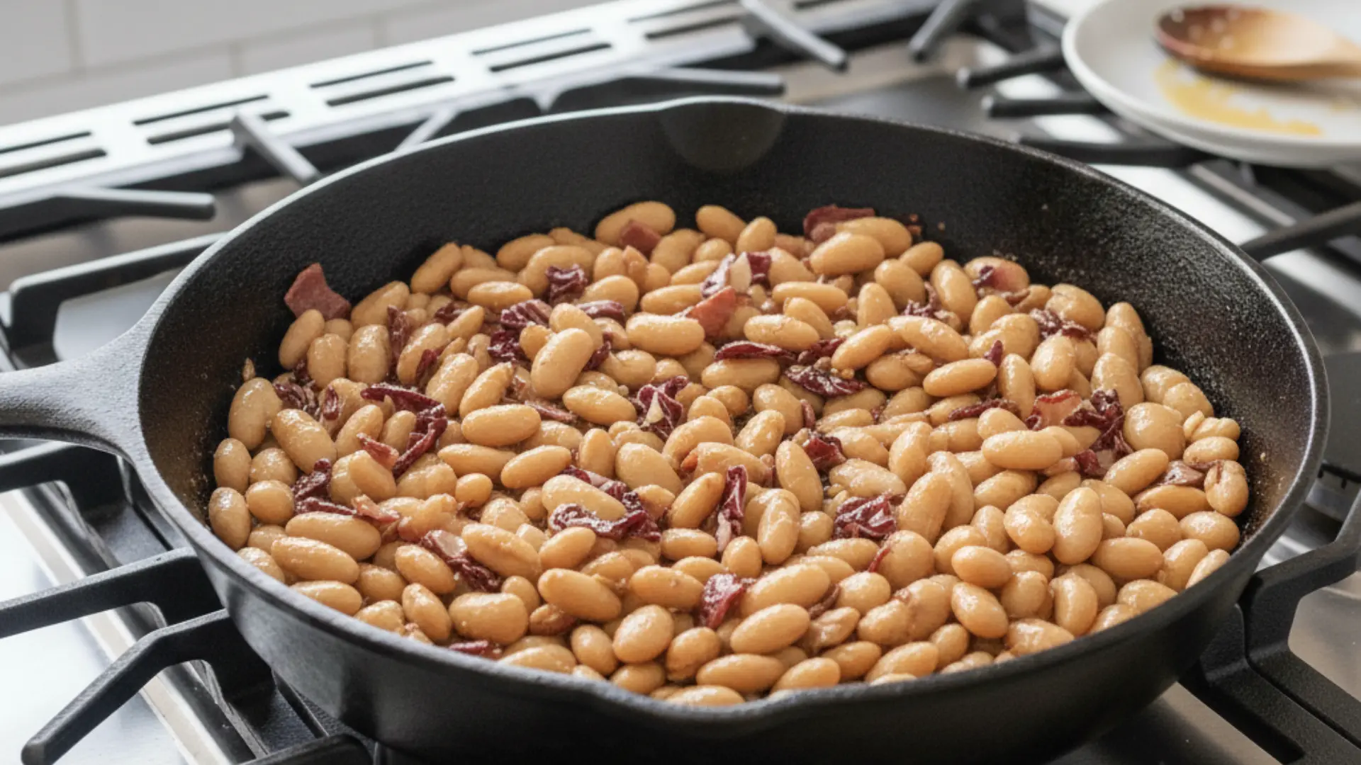 cannellini beans and radicchio being stirred together with balsamic vinegar in a black cast iron skillet on a stove top