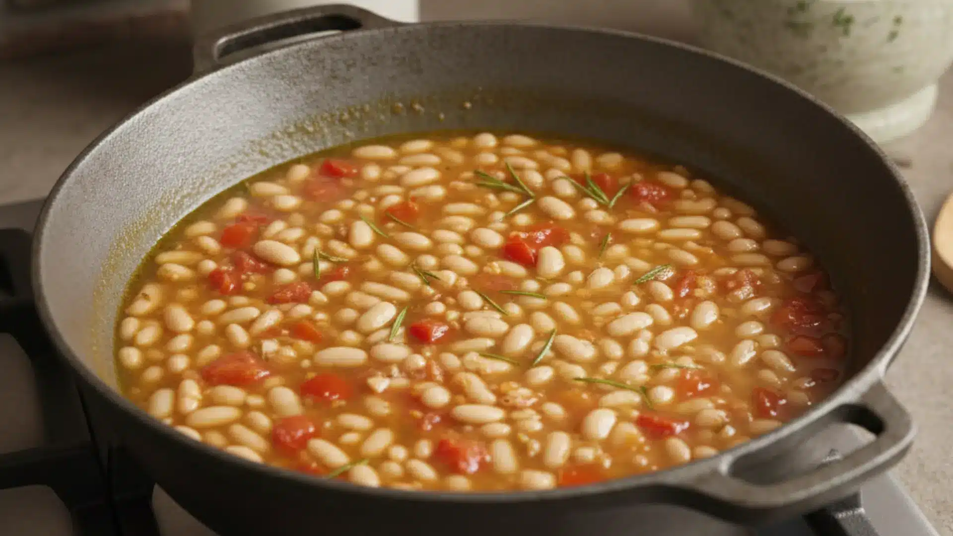 cannellini beans, diced tomatoes, and fresh rosemary sprigs simmering in a broth inside a large cast iron pot on a stove