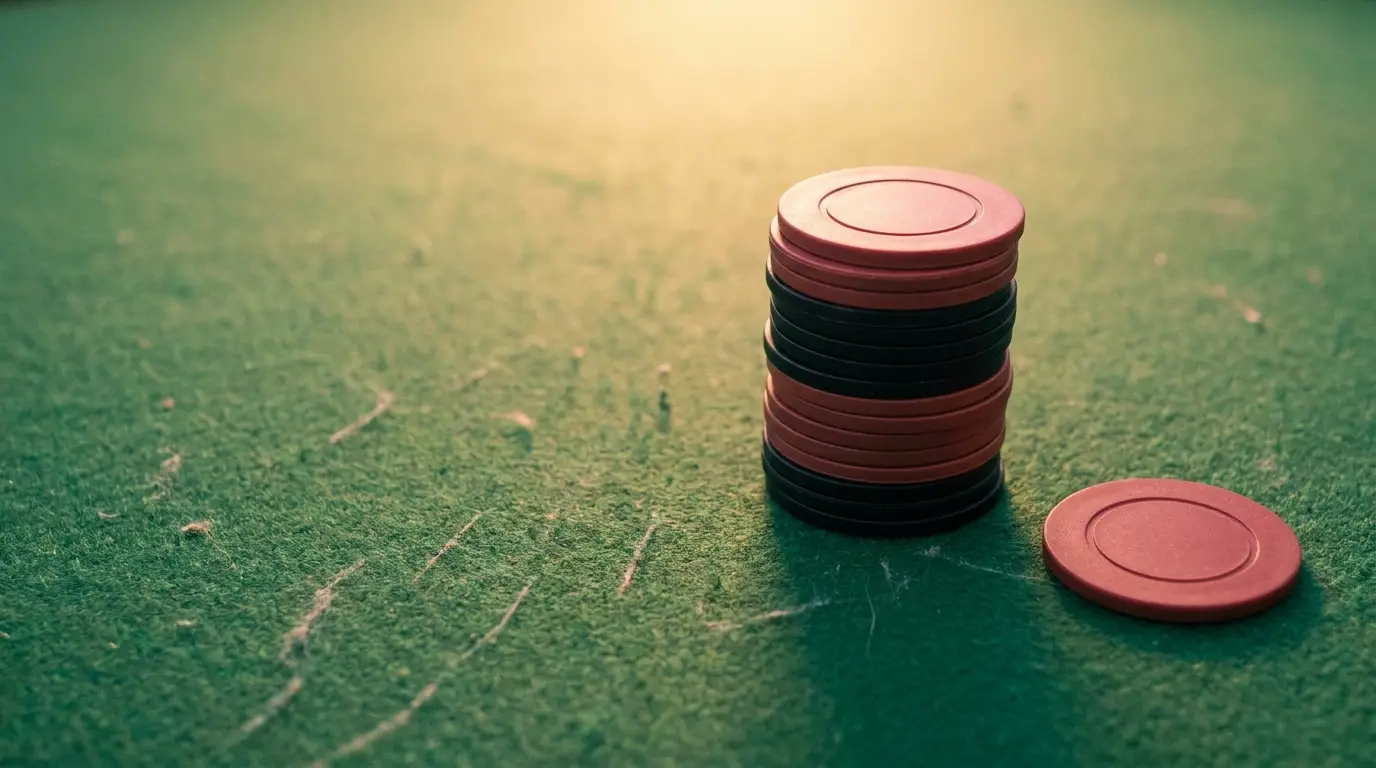 Stack of poker chips on green felt table under warm lighting
