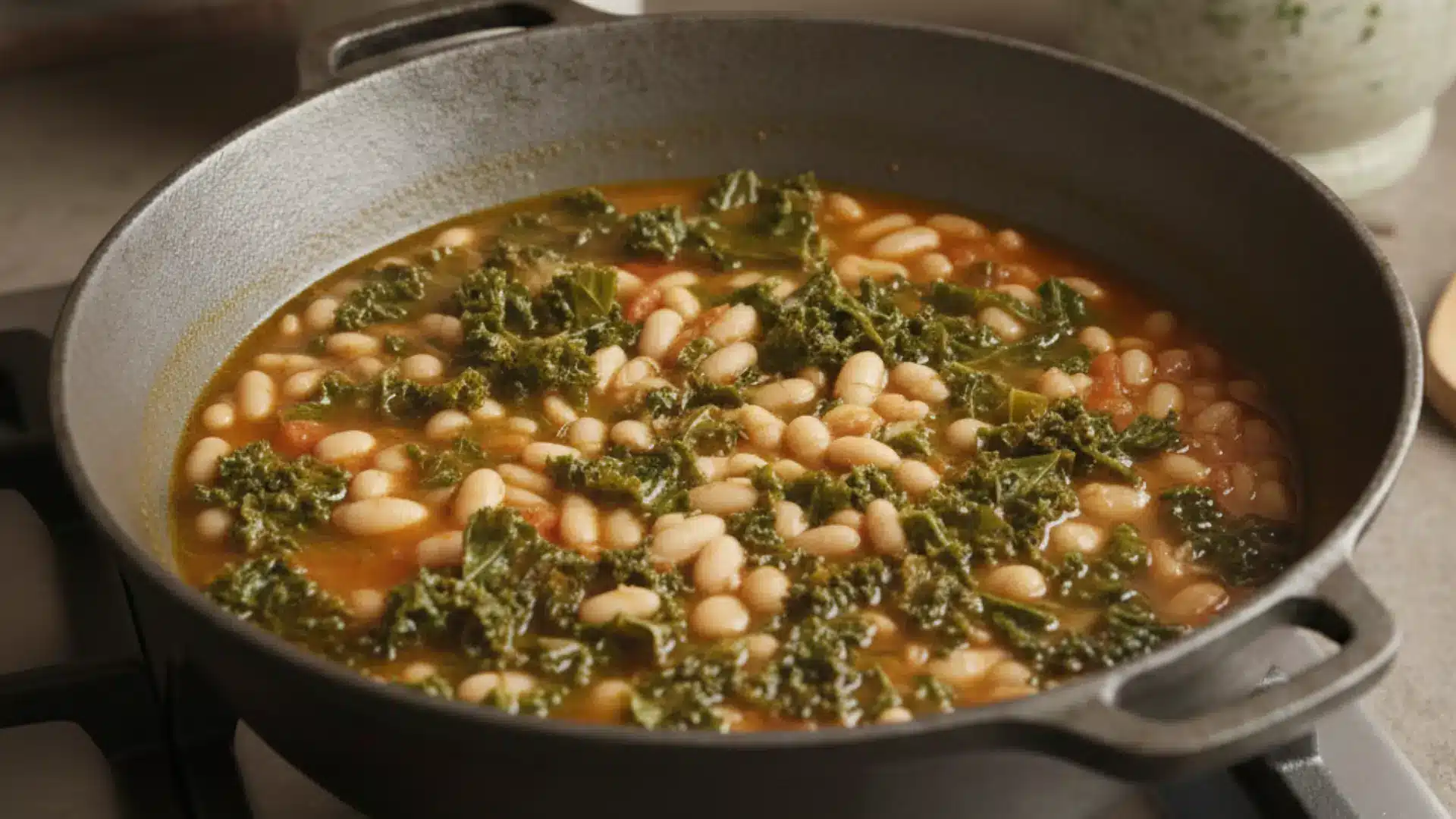 chopped kale wilting into a simmering pot of white bean and tomato soup in a dark cast iron pan on a stovetop