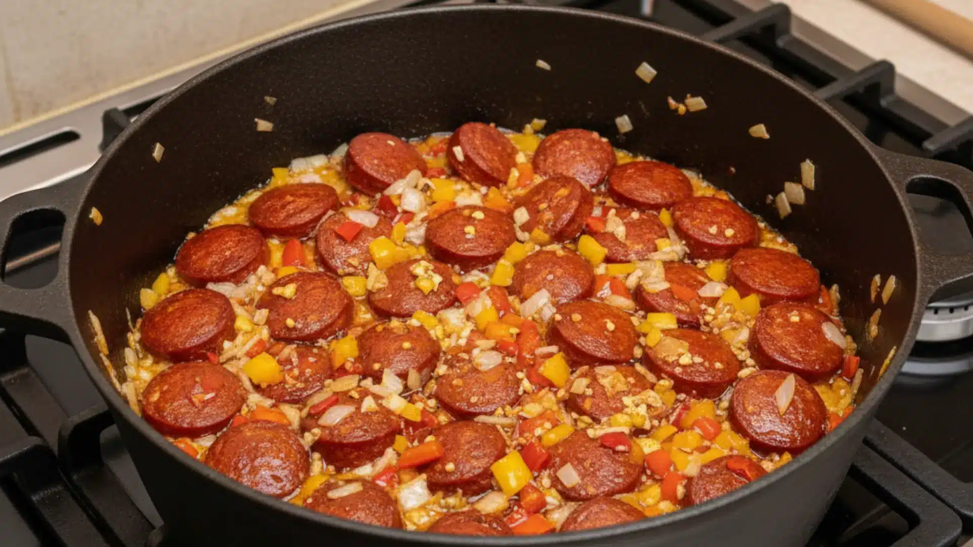 chopped onions, bell peppers, and garlic sautéing with chorizo rounds and smoked paprika in a large black pot on a stove