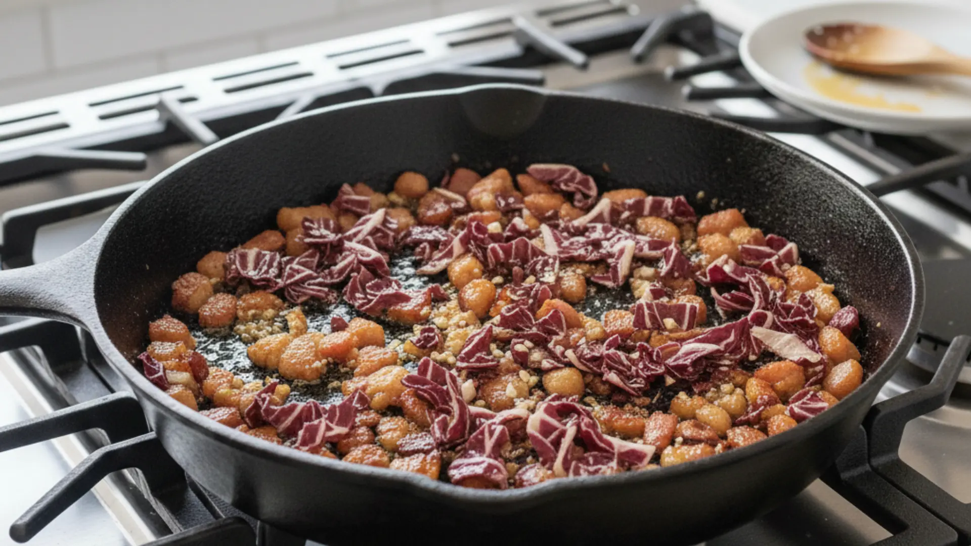chopped purple radicchio and minced garlic cooking with crispy pancetta in a black cast iron skillet on a gas stove