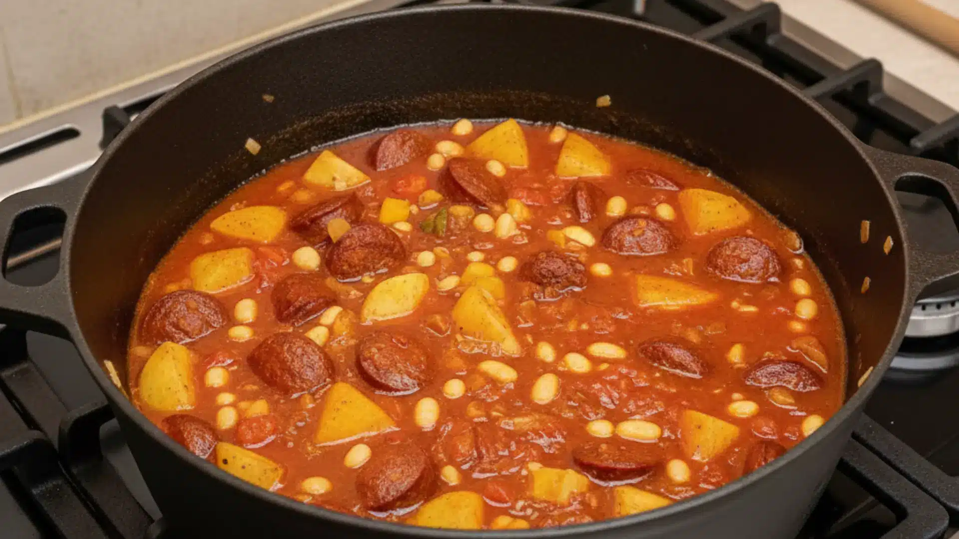 chorizo, potatoes, and cannellini beans simmering in a thick tomato broth inside a large black pot on a stovetop