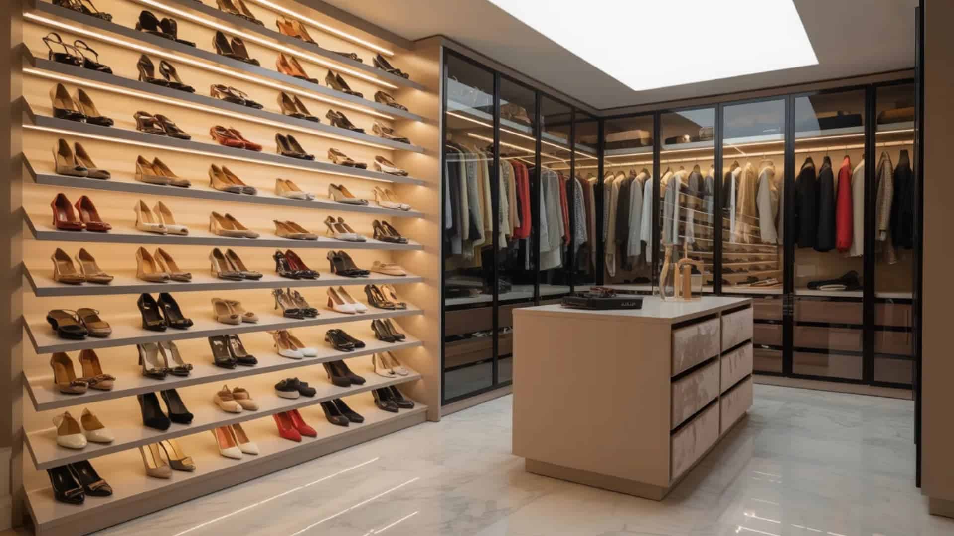 closet with a dedicated shoe wall featuring slanted shelves or cubbies. This setup should maximize storage while displaying shoes neatly and accessibly, making it easy to find the perfect pair