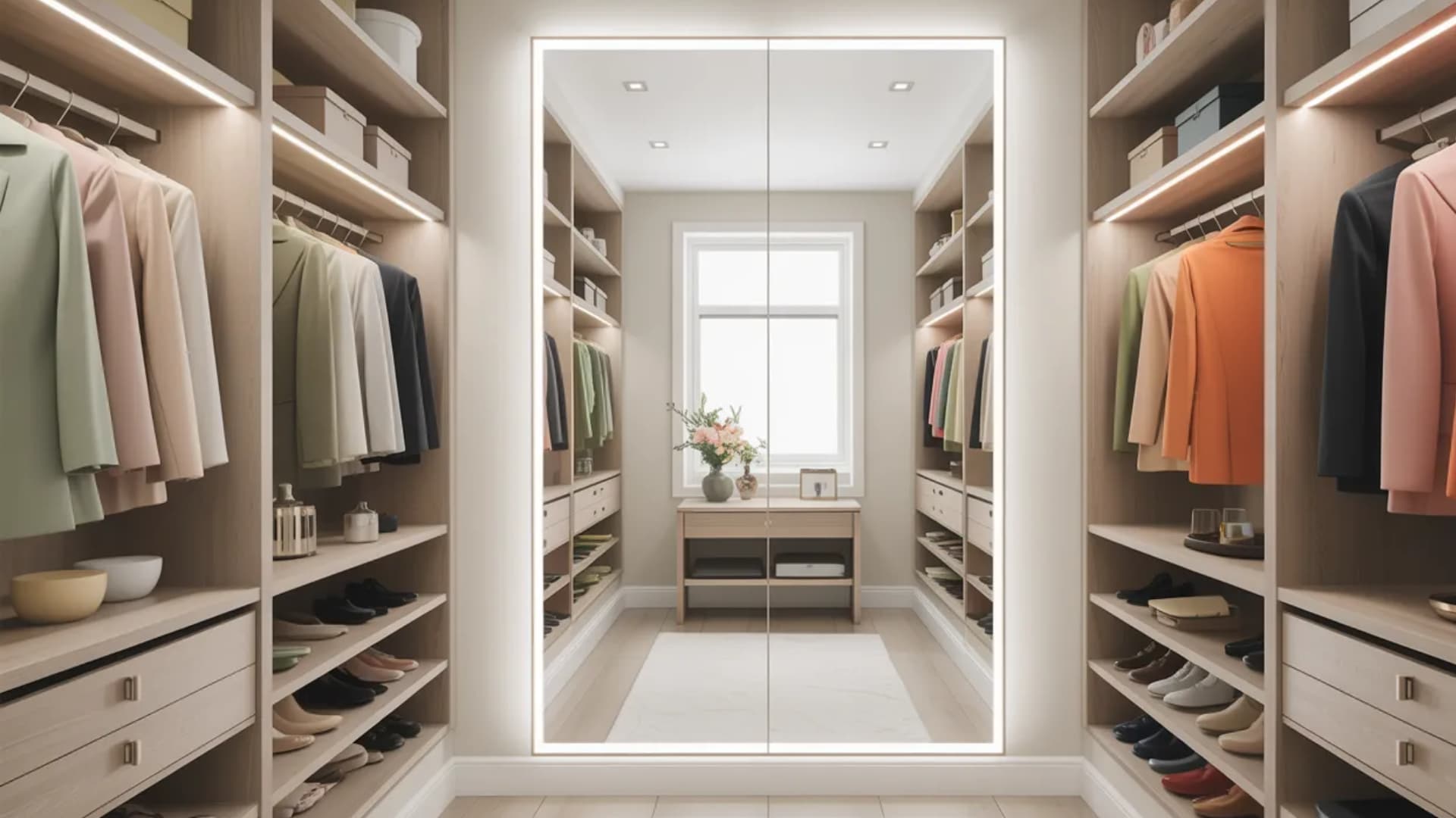_closet with a full-length mirror placed on one wall or inside the closet doors. The mirror should reflect light and add depth, making the space feel more open and airy