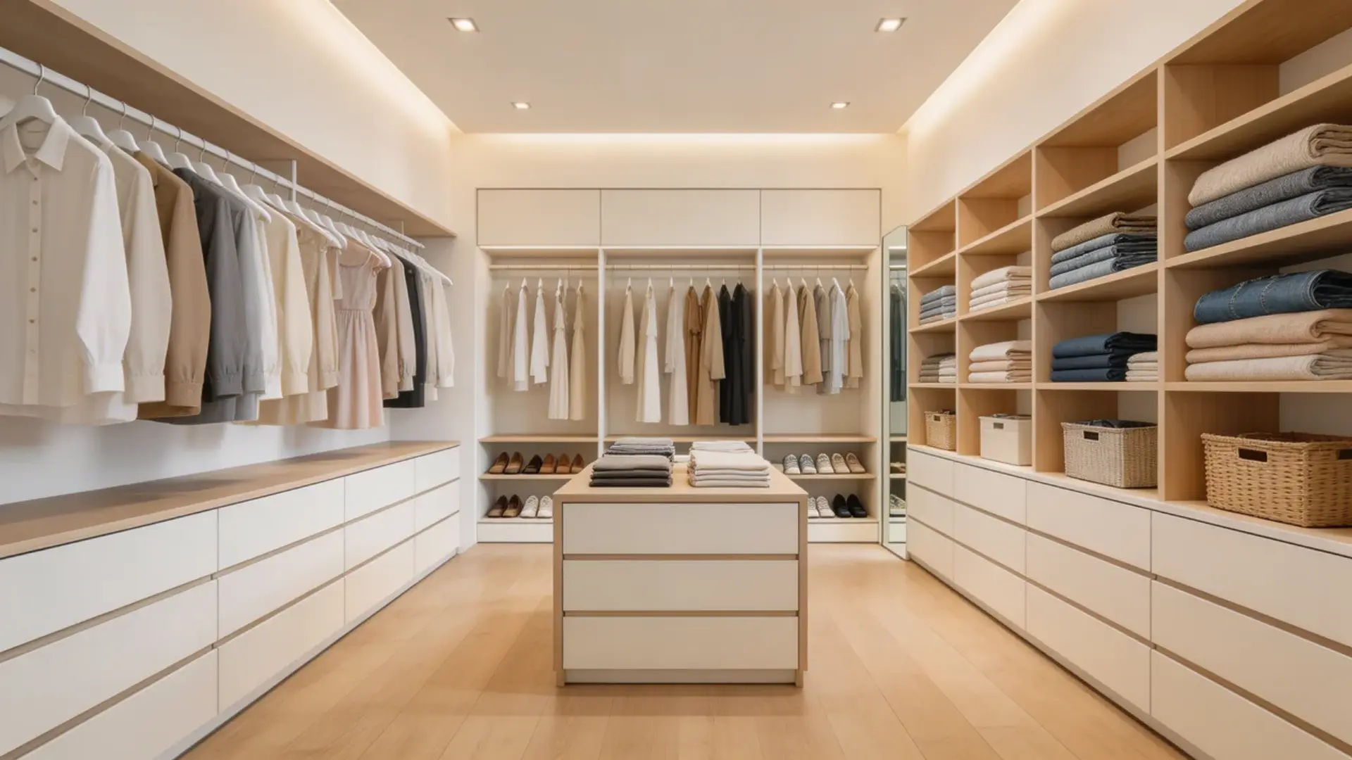 closet with a mix of hanging rods, drawers, and shelves, well-organized clothes, balanced storage design