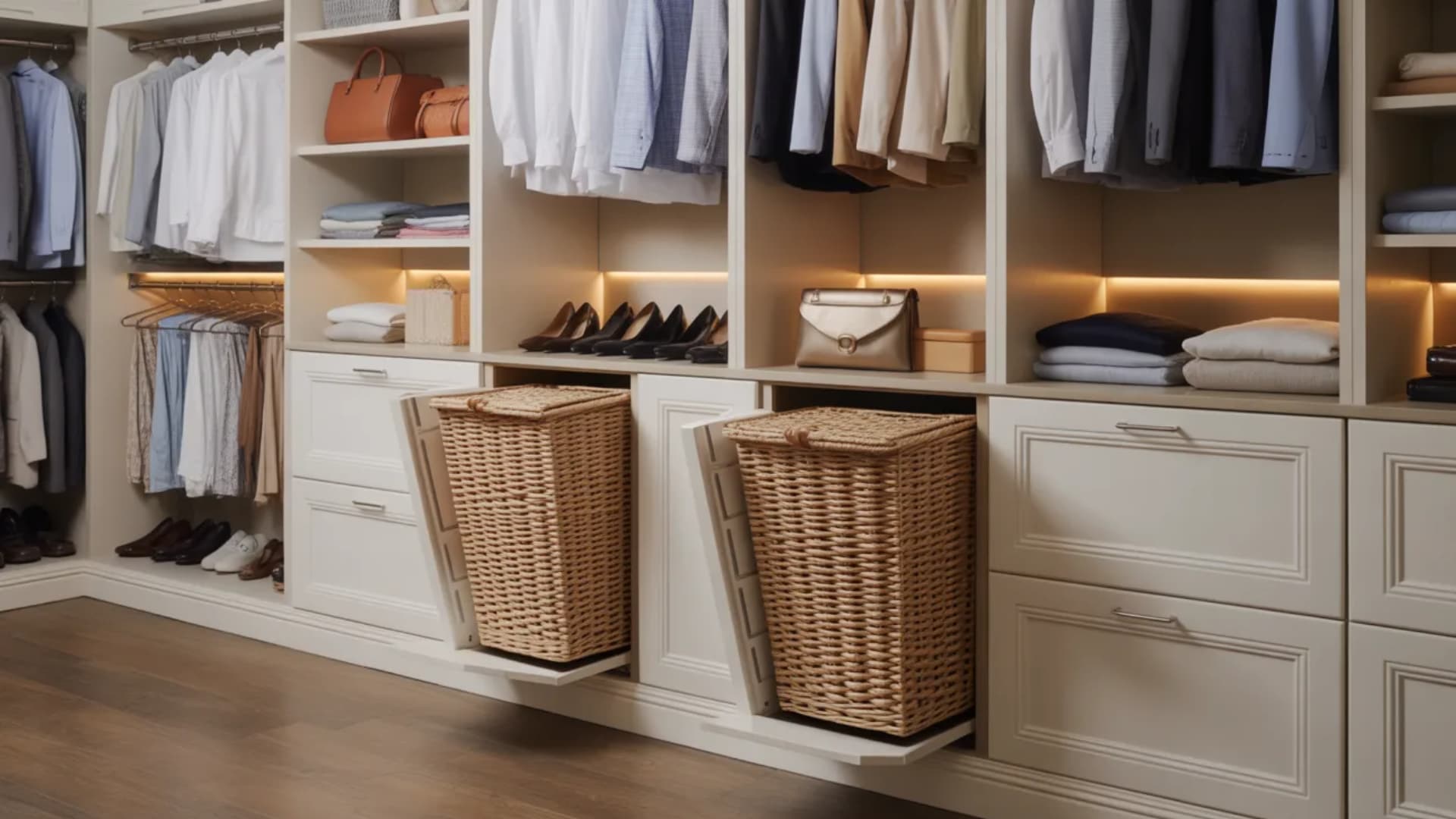 closet with built-in woven laundry hampers integrated into lower cabinets. Include hanging clothes and shelves around the hampers (1)