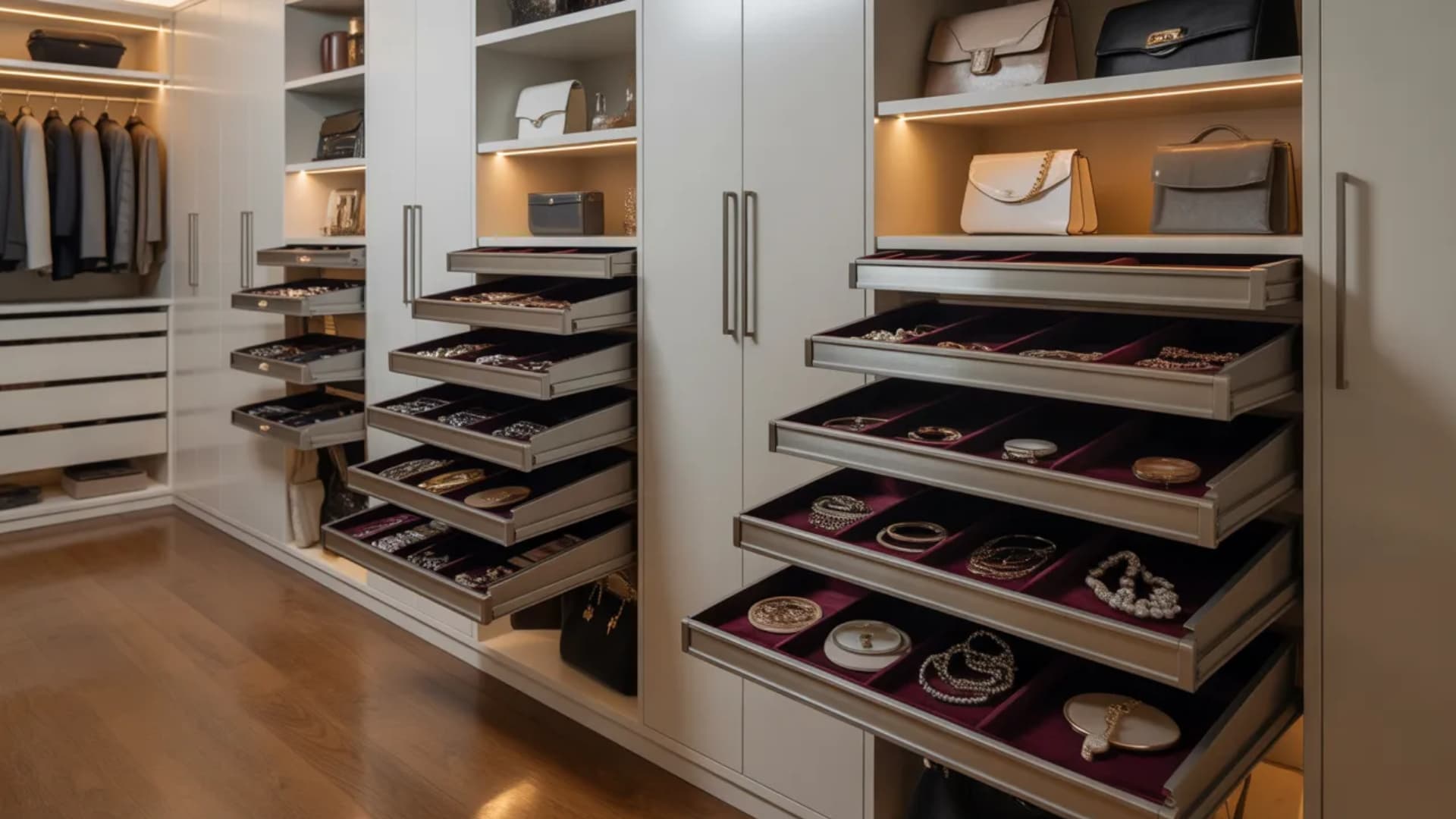 closet with convenient pull-out racks for storing handbags and accessories