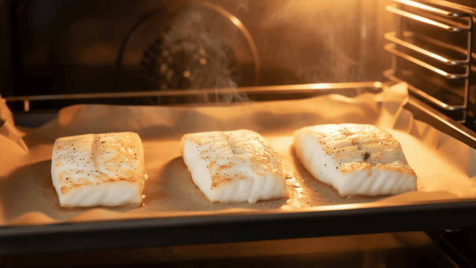 cod fillets topped with roasted cherry tomatoes and fresh basil baking in a steaming hot oven on parchment paper