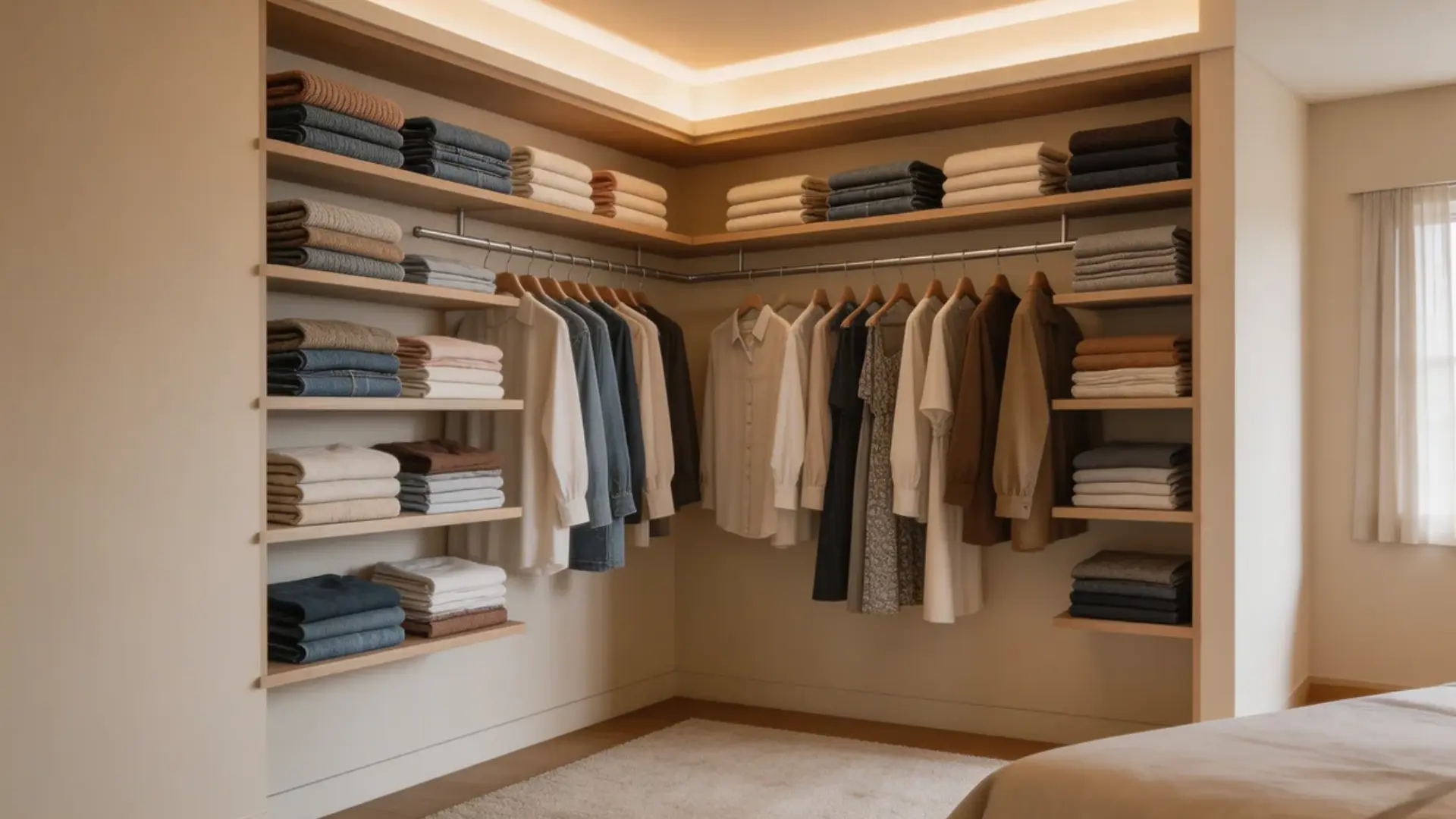 compact corner walk-in closet with L-shaped shelves and a hanging rod, neatly arranged clothescompact corner walk-in closet with L-shaped shelves and a hanging rod, neatly arranged clothes