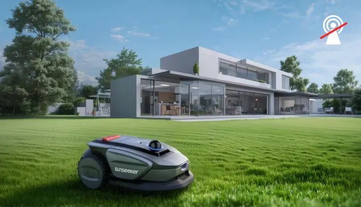 Robotic lawn mower on green grass in front of modern glass-walled house