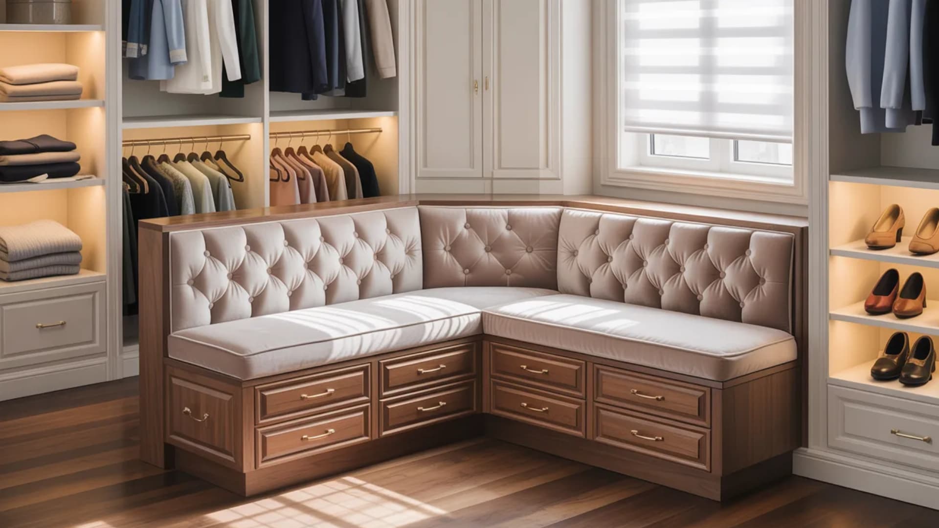 cozy, well-organized walk-in closet featuring a cushioned corner bench with storage drawers beneath. The bench should serve as a comfortable spotwith a dedicated shoe wall. Include slanted shelves
