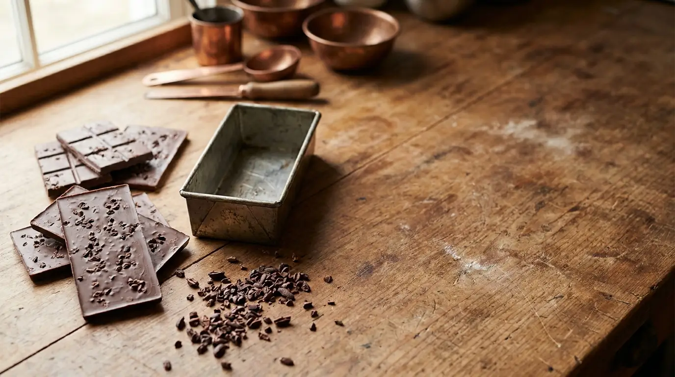 Dark chocolate bars and cacao nibs on rustic wooden kitchen table with metal loaf pan