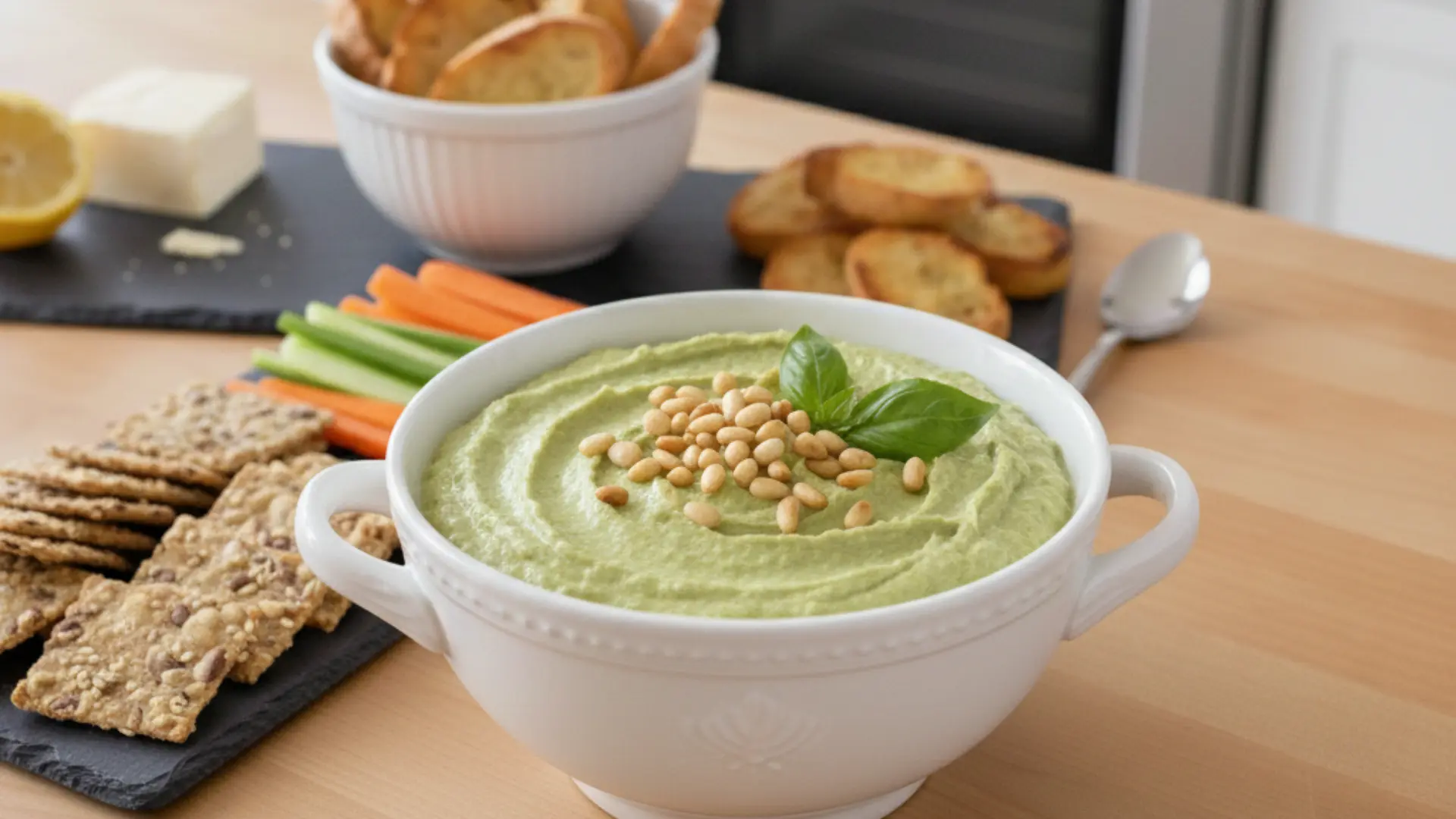 creamy green pesto white bean spread in a white bowl topped with pine nuts and basil served with crackers and vegetables