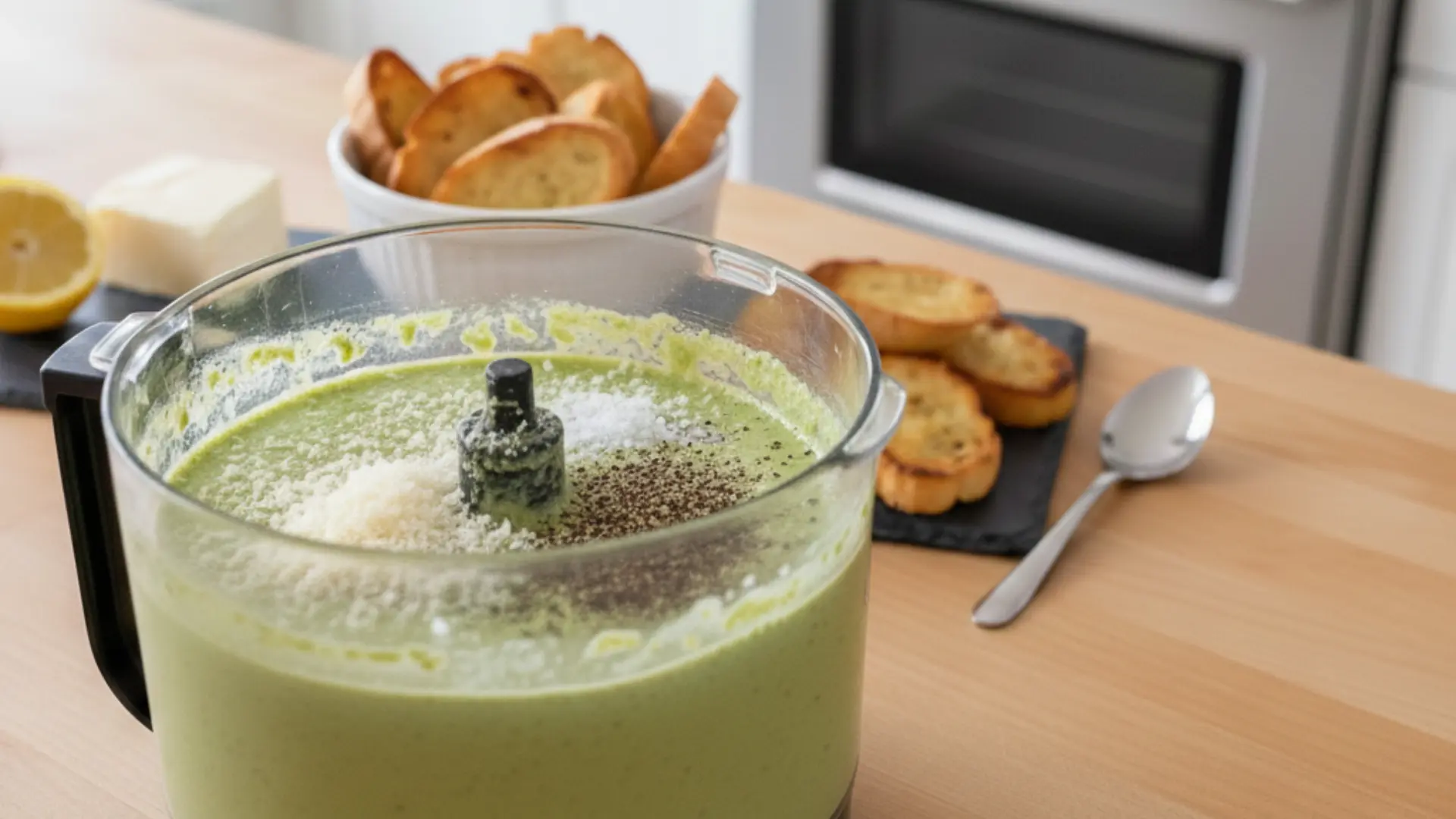 creamy green pesto white bean spread inside a food processor on a wooden counter next to toasted baguette slices