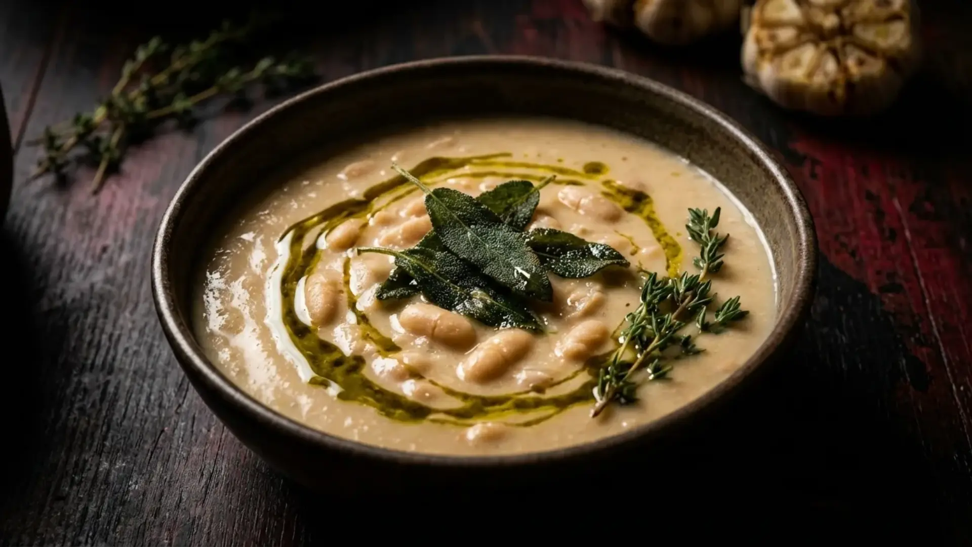 creamy white bean and roasted garlic soup topped with a swirl of olive oil, fresh sage, and thyme in a dark ceramic bowl