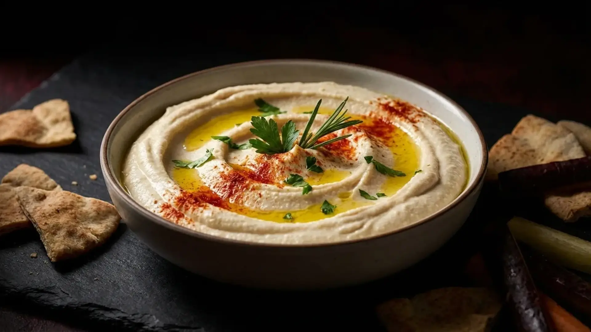 creamy white bean hummus swirled with olive oil, paprika, and fresh herbs in a bowl with pita bread on a dark surface
