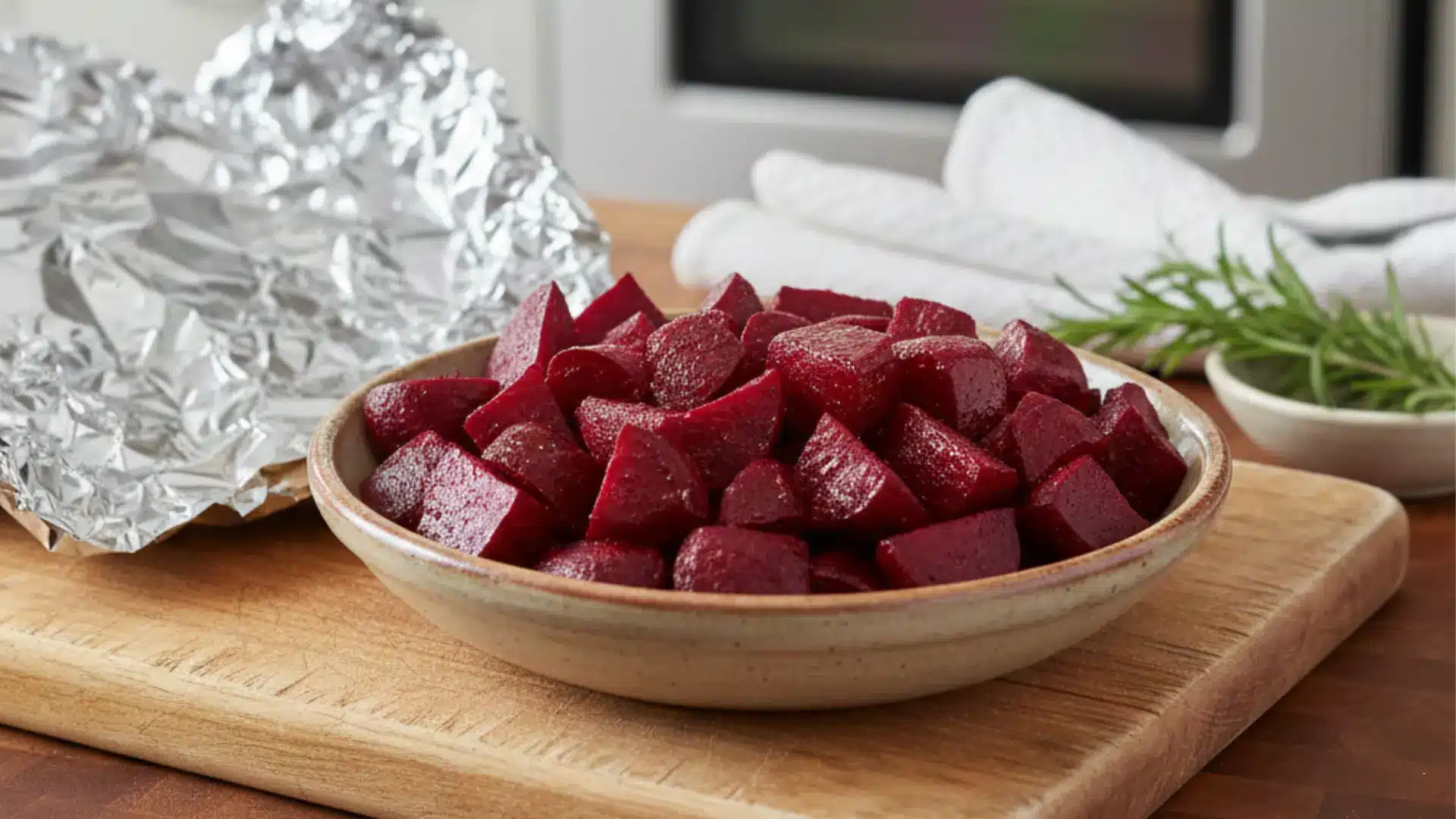 cubed roasted beets in a small tan bowl on a wooden cutting board with crumpled aluminum foil and rosemary in background