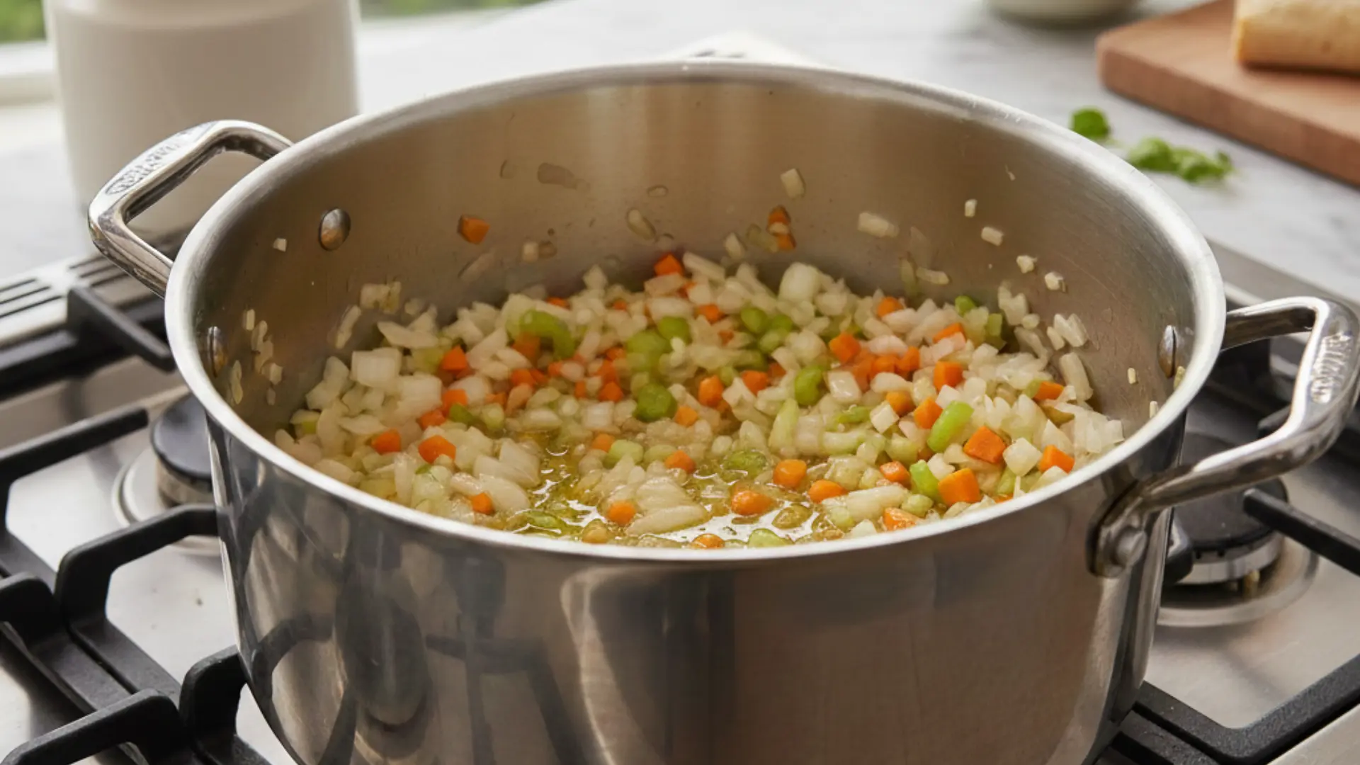 diced carrots, celery, and onions sautéing in olive oil inside a stainless steel pot on a gas stovetop