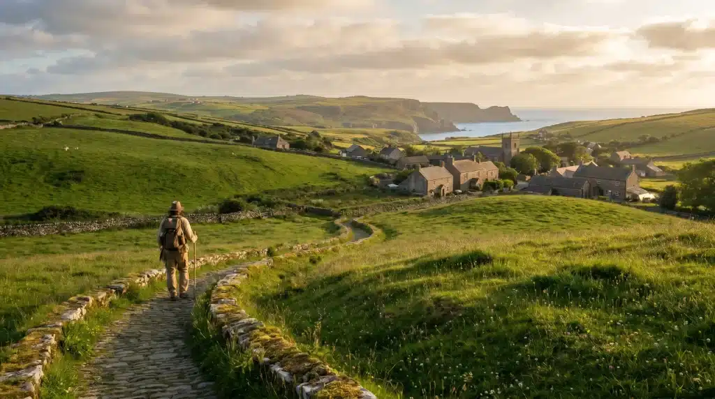 Person walking on a cobblestone path towards a coastal village at sunset in the countryside