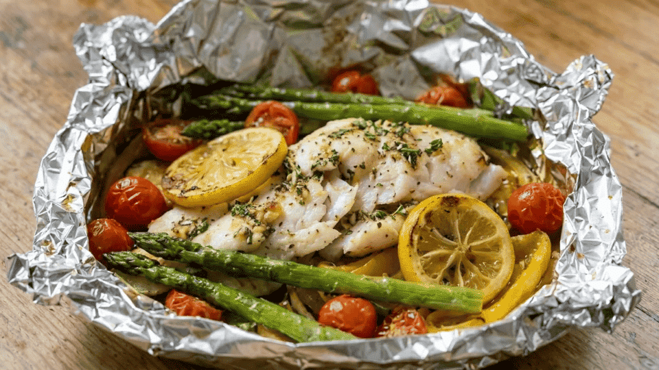 fish and vegetable foil packets with lemon slices, asparagus, and cherry tomatoes