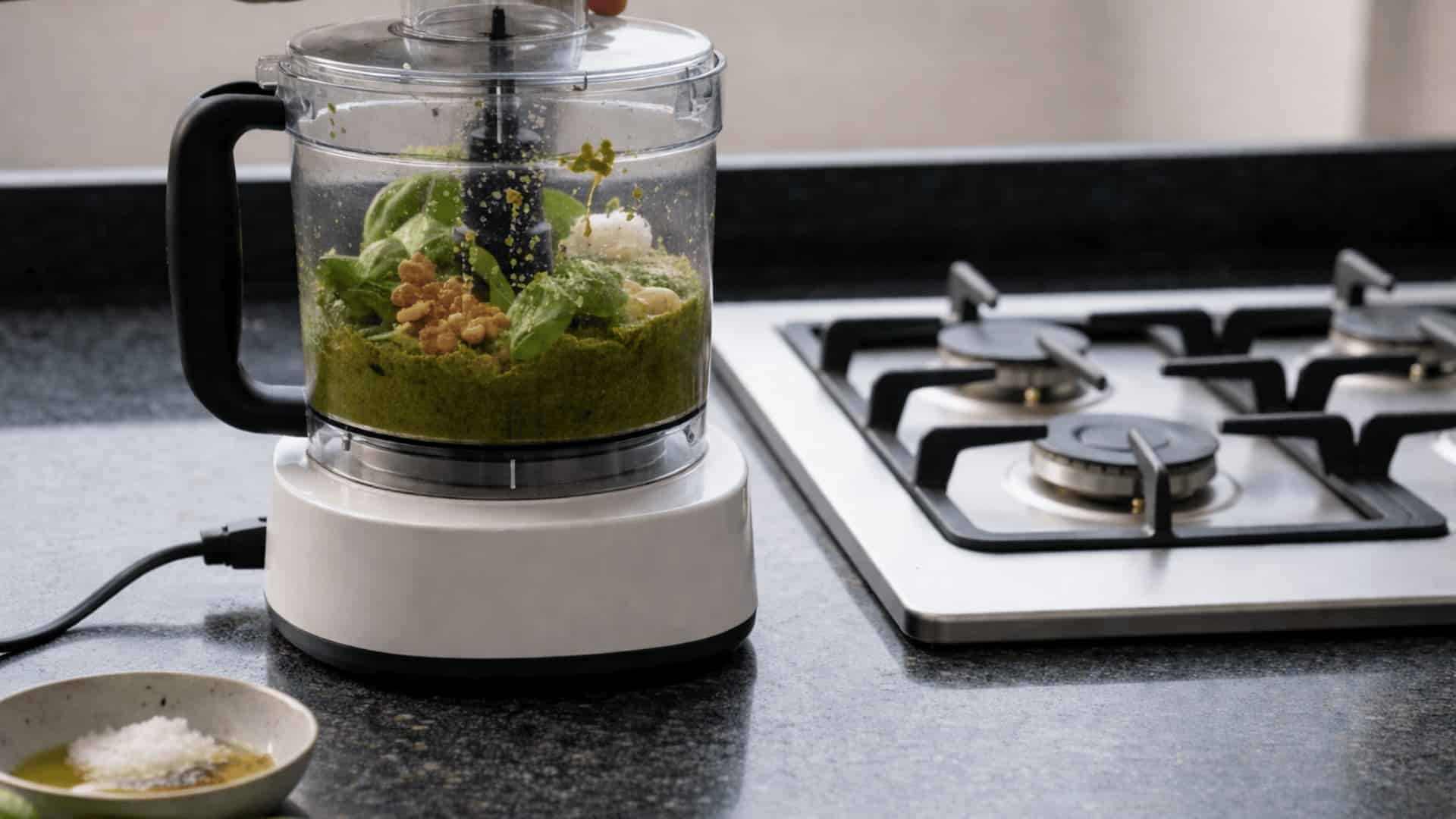 food processor blending fresh basil, walnuts, and cheese into homemade walnut pesto on a kitchen counter
