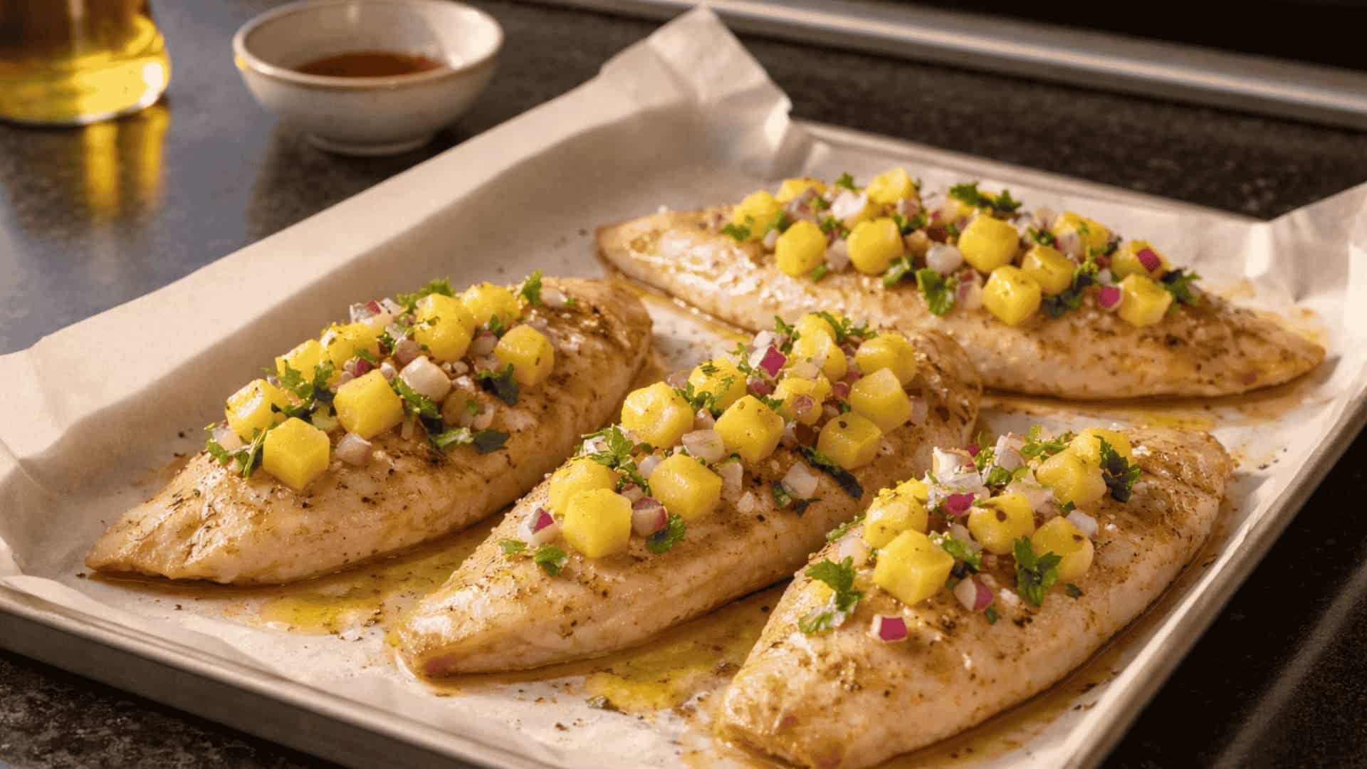 four baked fish fillets topped with fresh pineapple salsa and red onion on a parchment-lined baking tray