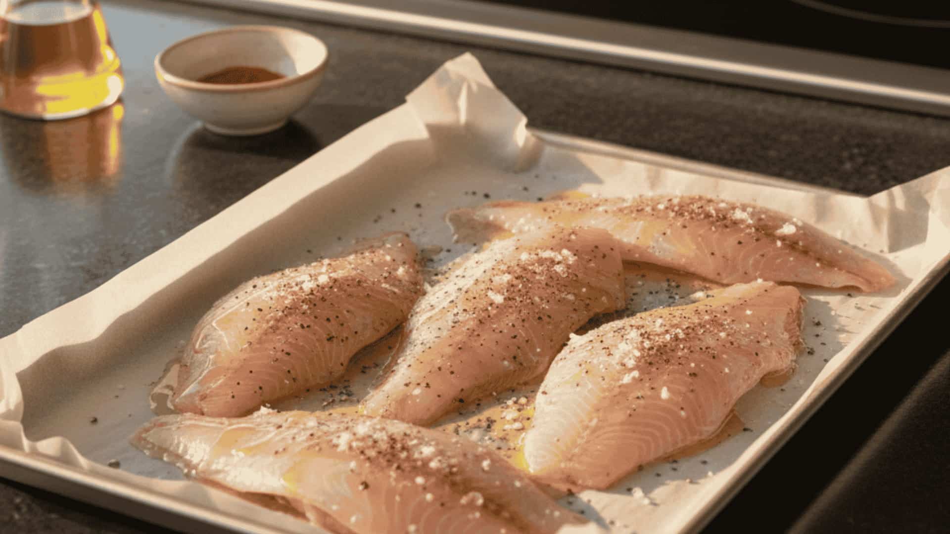 four raw fish fillets seasoned with salt and pepper on a parchment-lined baking tray with olive oil