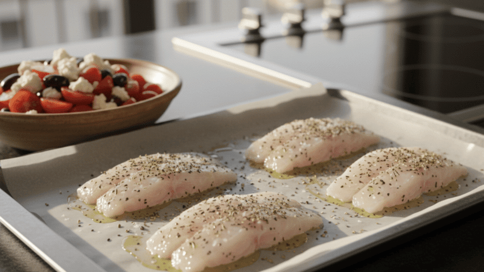 four raw seasoned fish fillets on a baking tray with olive oil next to a bowl of mediterranean salsa