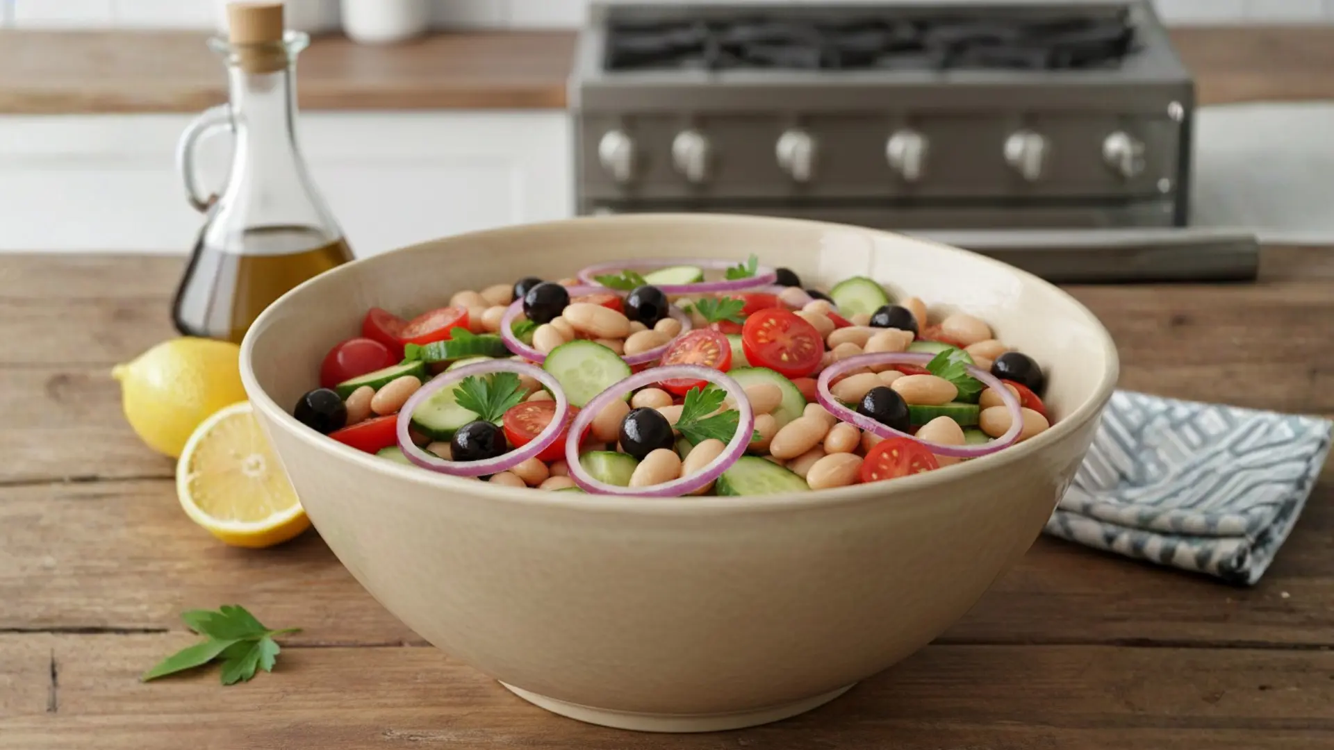 fresh white beans, cherry tomatoes, cucumbers, red onions, and olives mixed in a large tan bowl on a wooden table