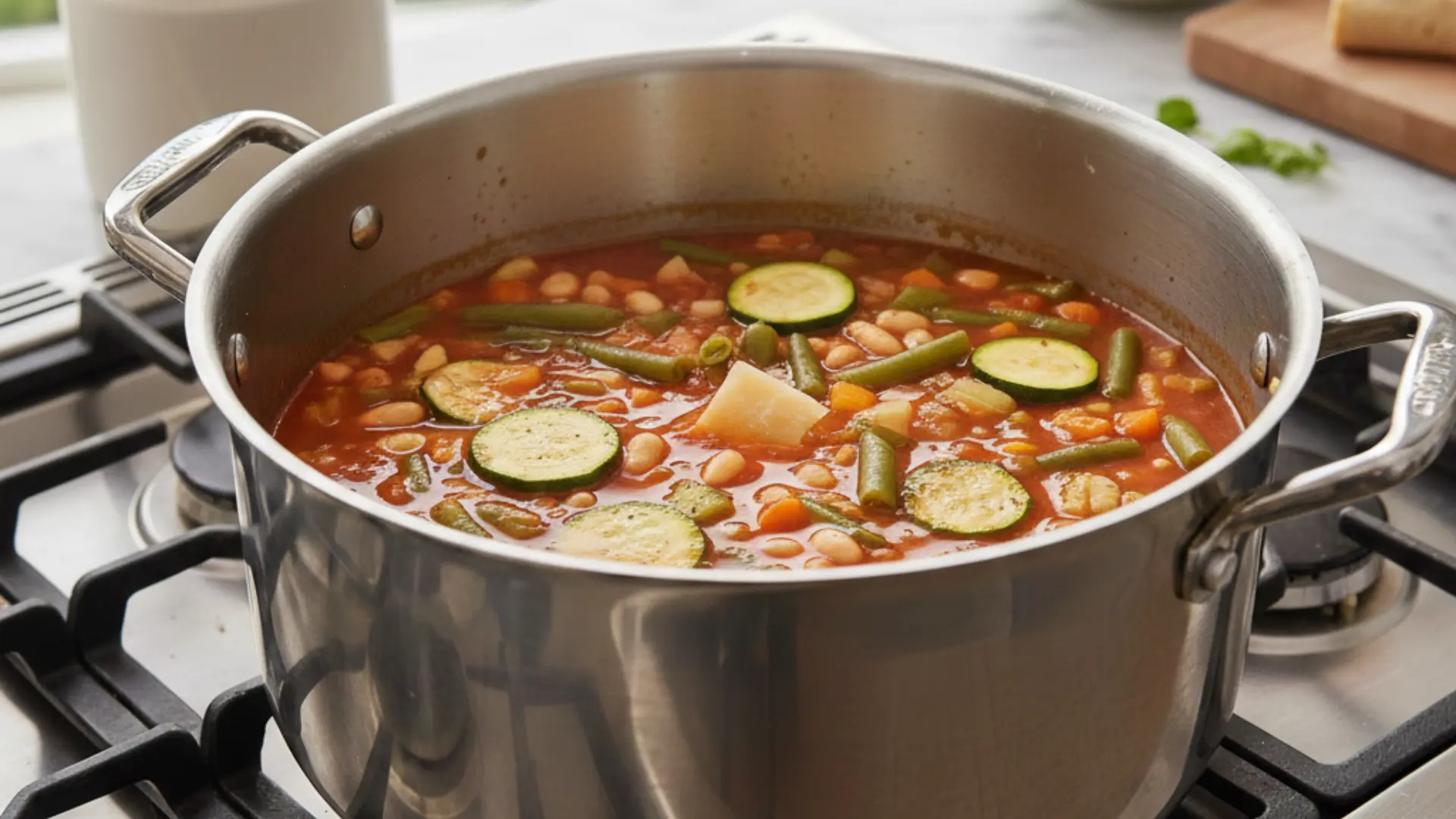 fresh zucchini, green beans, and cannellini beans simmering in a tomato-based broth inside a stainless steel pot