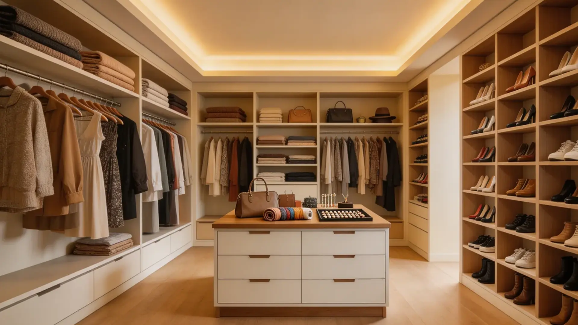 full room converted into a walk-in closet, multiple storage sections for clothes, shoes, and accessories