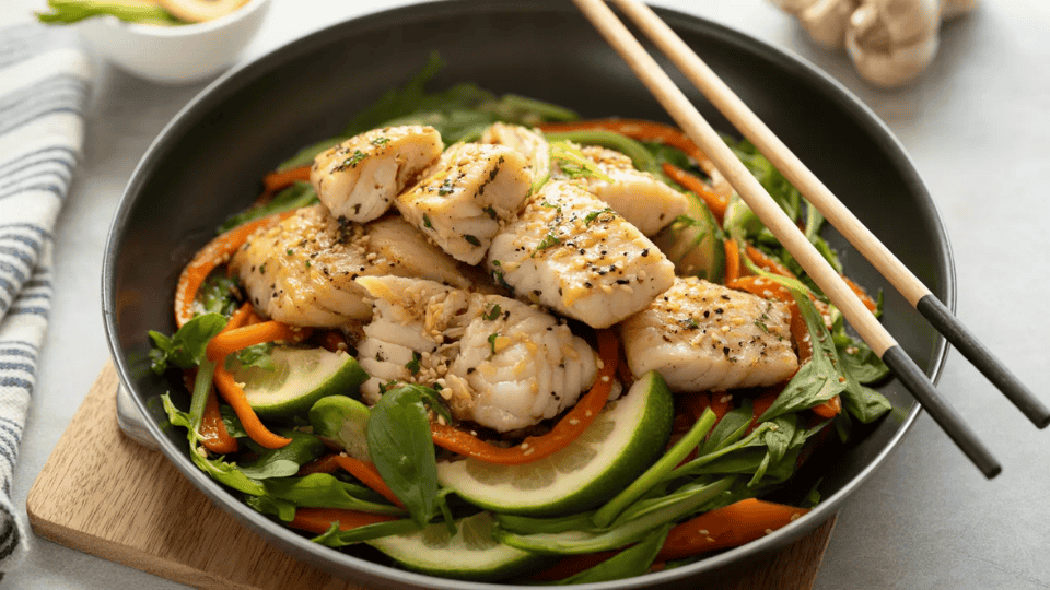 garlic ginger cod stir-fry with vegetables and sesame seeds in a bowl with chopsticks