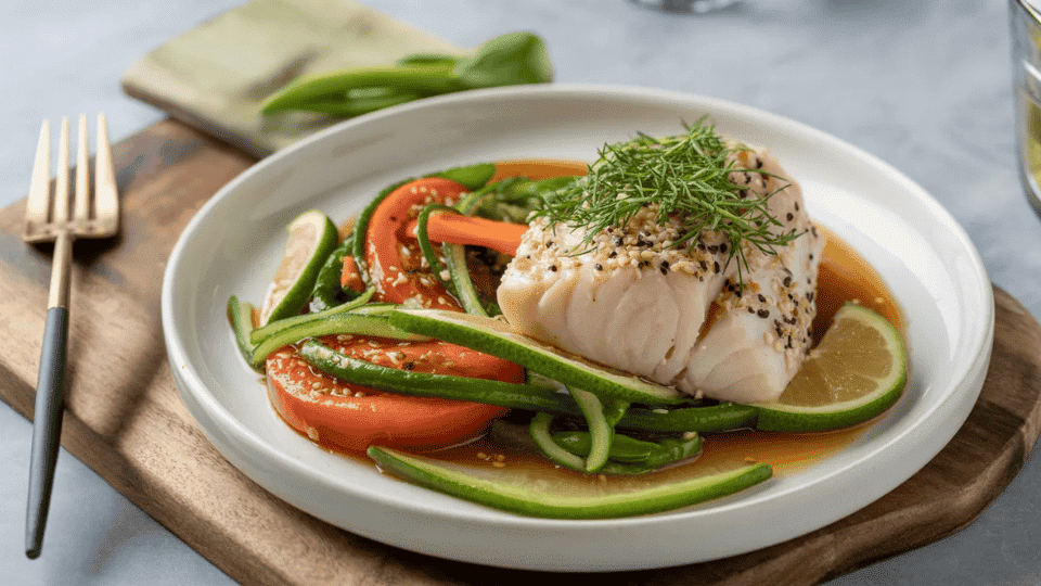 garlic ginger cod stir-fry with vegetables, sesame seeds, and lime wedges on a plate with chopsticks